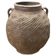 Brown Criss Cross Textured Stoneware Vase With Handles, China, 1940s