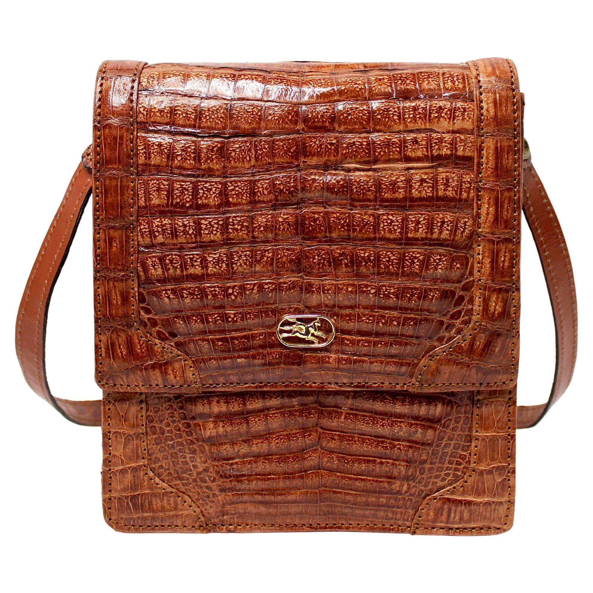 Brown Croc Embossed Leather Crossbody Messenger Bag circa 1970s
