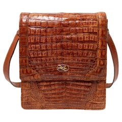 Brown Croc Embossed Leather Crossbody Messenger Bag circa 1970s