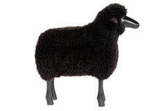 Brown Curly Sheepskin with Black Wood and Leather Handmade, Life-Size Sheep