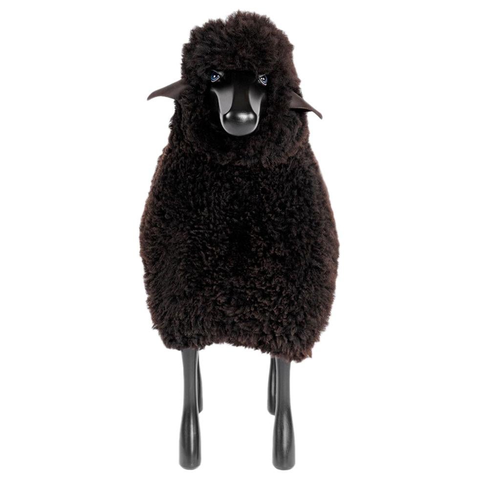 Brown Curly Sheepskin with Black Wood and Leather Handmade, Life-Size Sheep