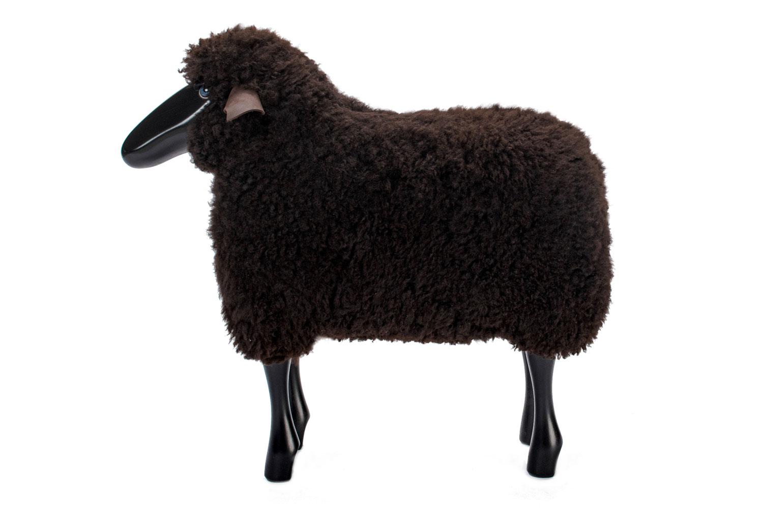 Other Brown Curly Sheepskin with Black Wood and Leather Handmade, Small Sheep