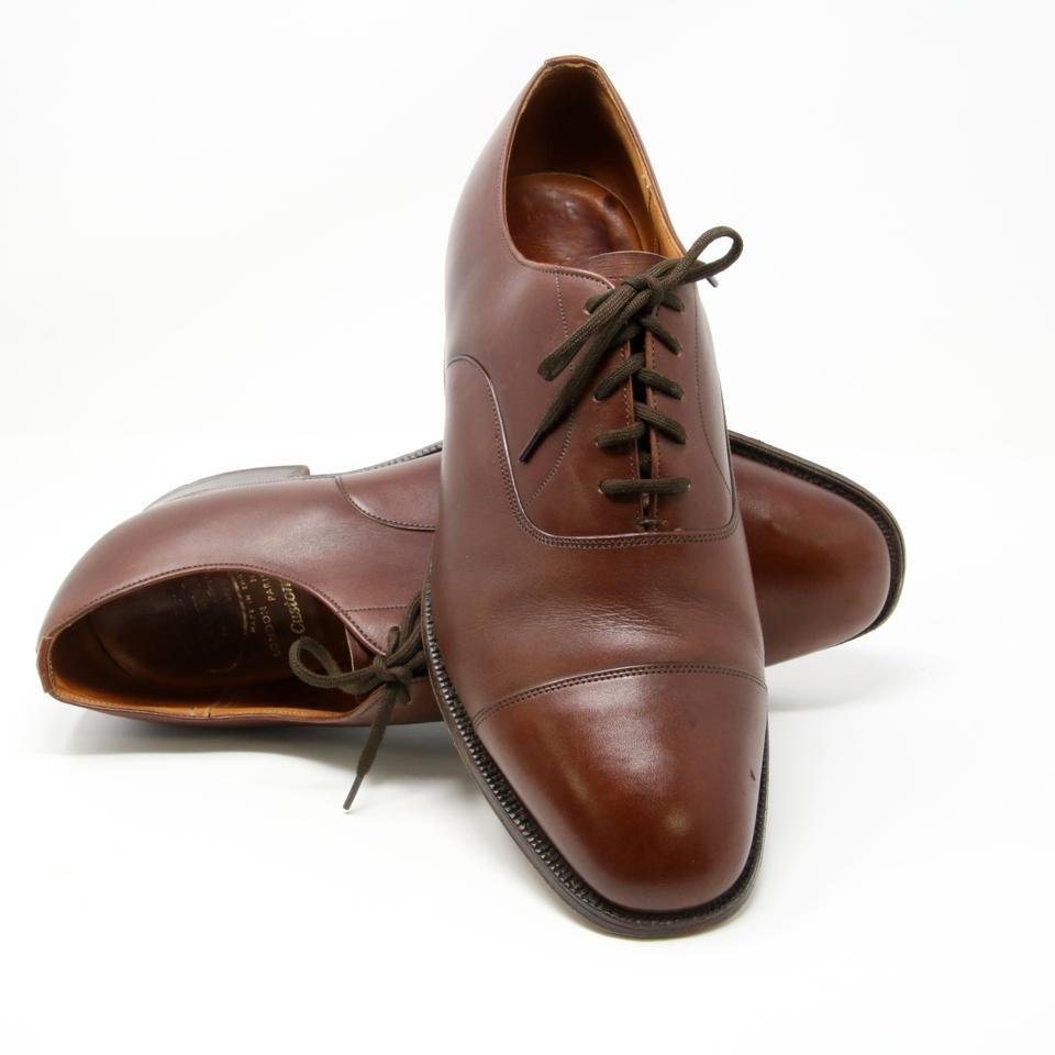 Brown Custom Grade Cap-Toe Smooth Leather Lace Up Dress Shoes In Good Condition For Sale In Downey, CA