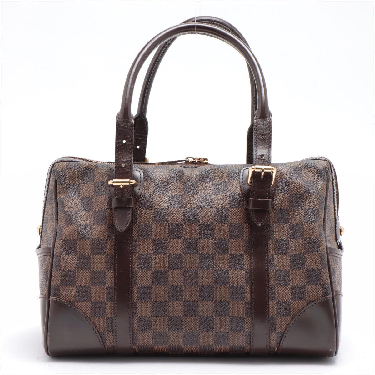Brown Damier Ebene coated canvas Louis Vuitton Berkeley bag with dark brown leather trim, gold-tone hardware, red Alcantara microfiber lining, dual interior slit pockets, dual exterior slit pockets at sides, logo placecard on front, dual Toron