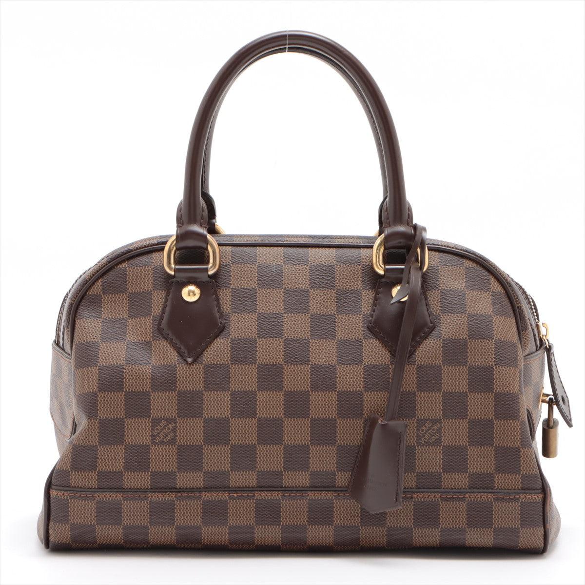 Brown Damier Ebene coated canvas Louis Vuitton Duomo hobo bag with gold-tone hardware, smooth dark brown leather trim, double rolled leather handles, red Alcantara canvas lining, one flat pocket and once cell phone pocket at interior walls and