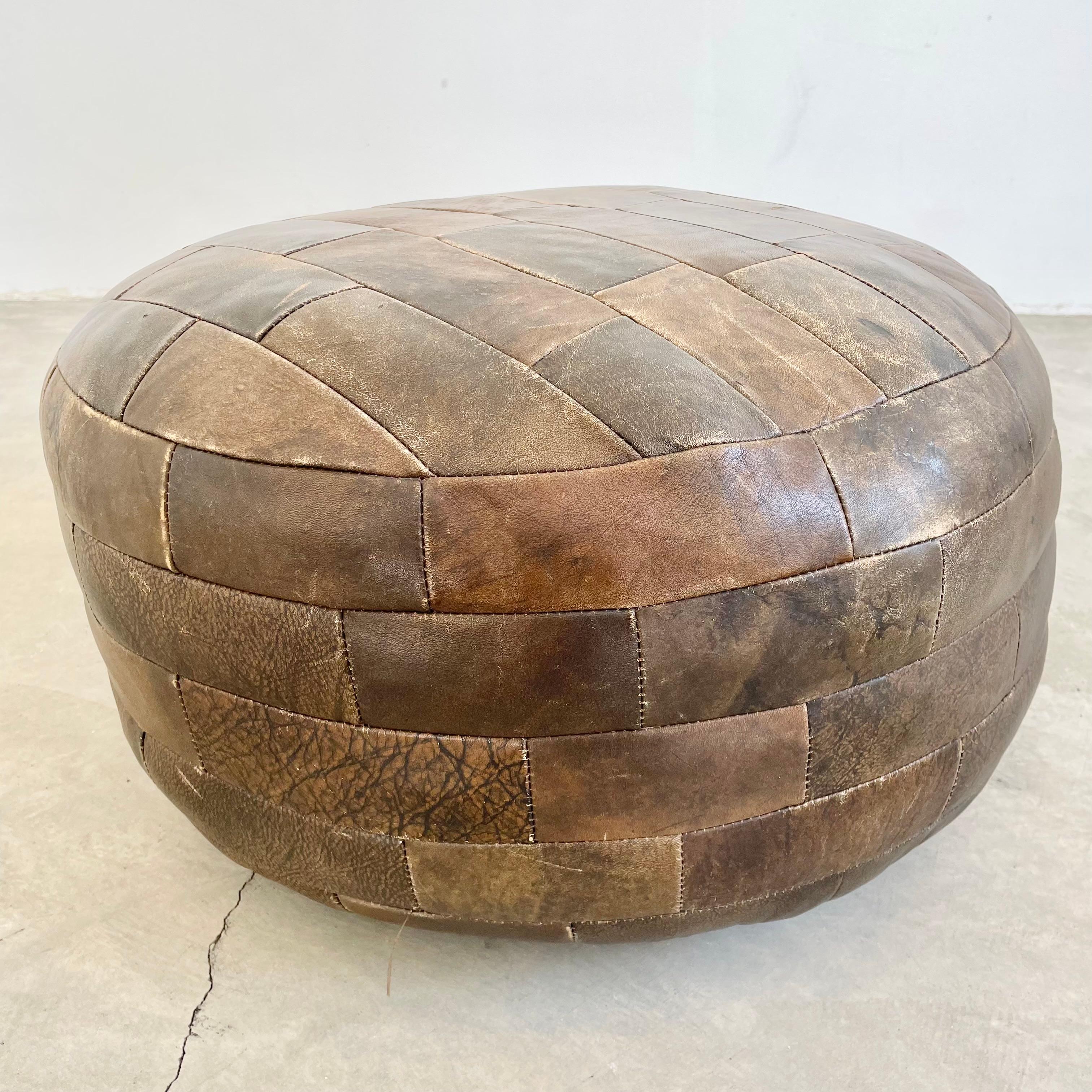 Swiss Brown De Sede Patchwork Leather Pouf, 1960s Switzerland For Sale