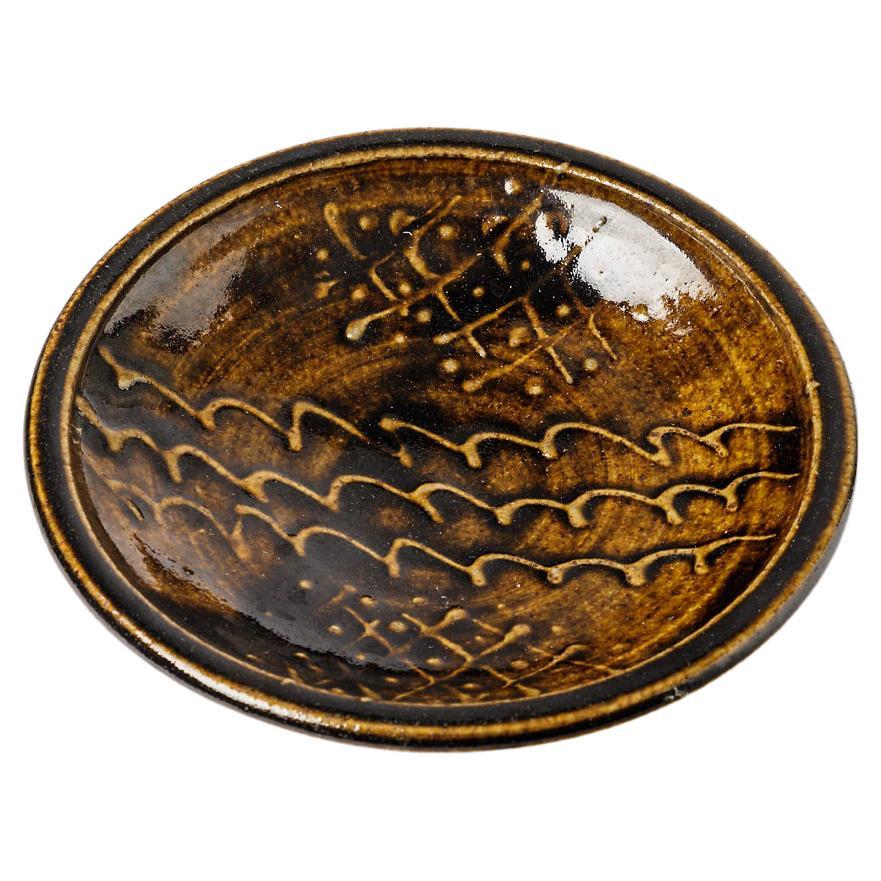 Assiette ou plat en céramique décorative en grès marron par JM Doix, vers 1980 en vente