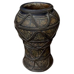 Antique Brown Decoratively Painted Small Hour Glass Shape Vase, Morocco, 19th Century