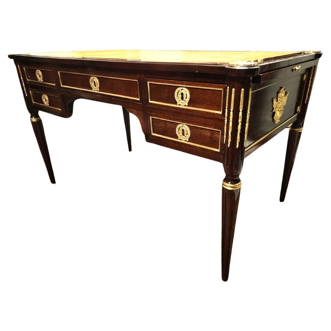 French Gilt Bronze Brown Desk Table, Napoleon III Boulle Louis XVI 19th Century For Sale