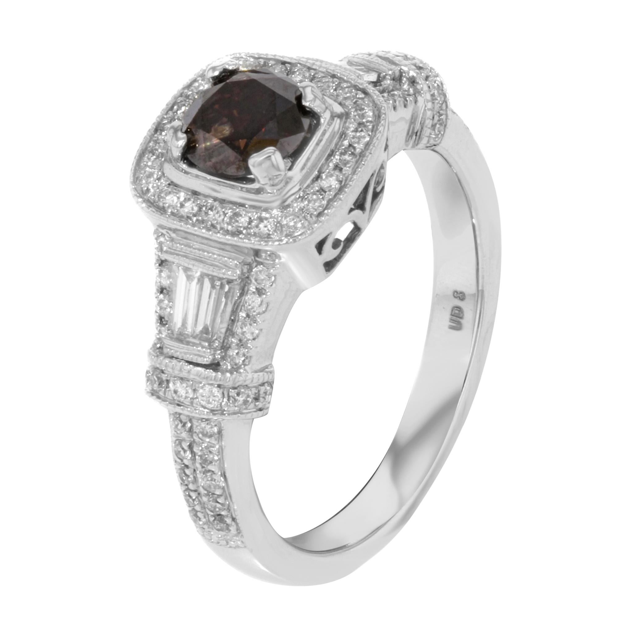 Round Cut Brown Diamond Accented Ladies Engagement Ring 14K White Gold 1.84 Cttw For Sale