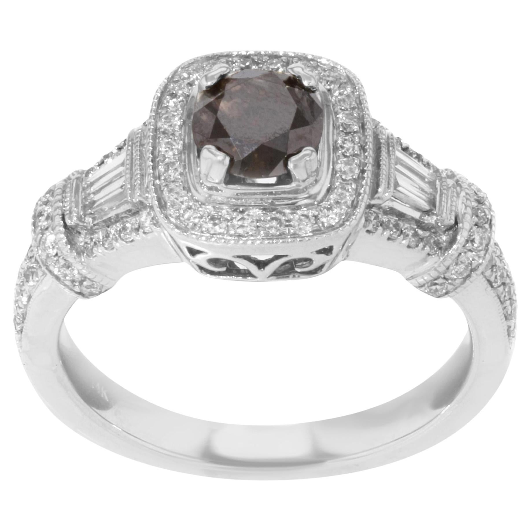 Brown Diamond Accented Ladies Engagement Ring 14K White Gold 1.84 Cttw For Sale