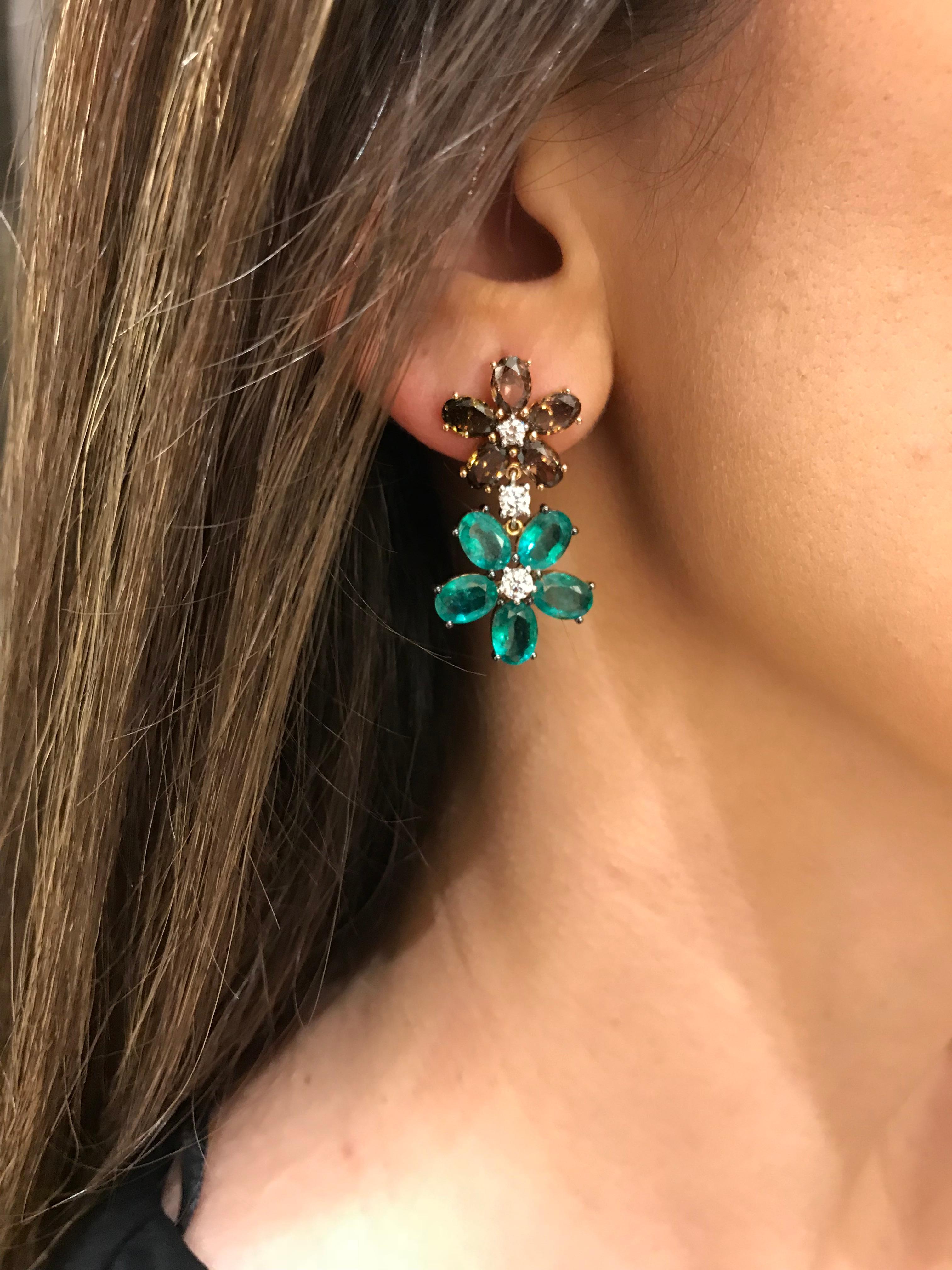 Contemporary Brown Diamond and Emerald Blossom Drop Earrings For Sale