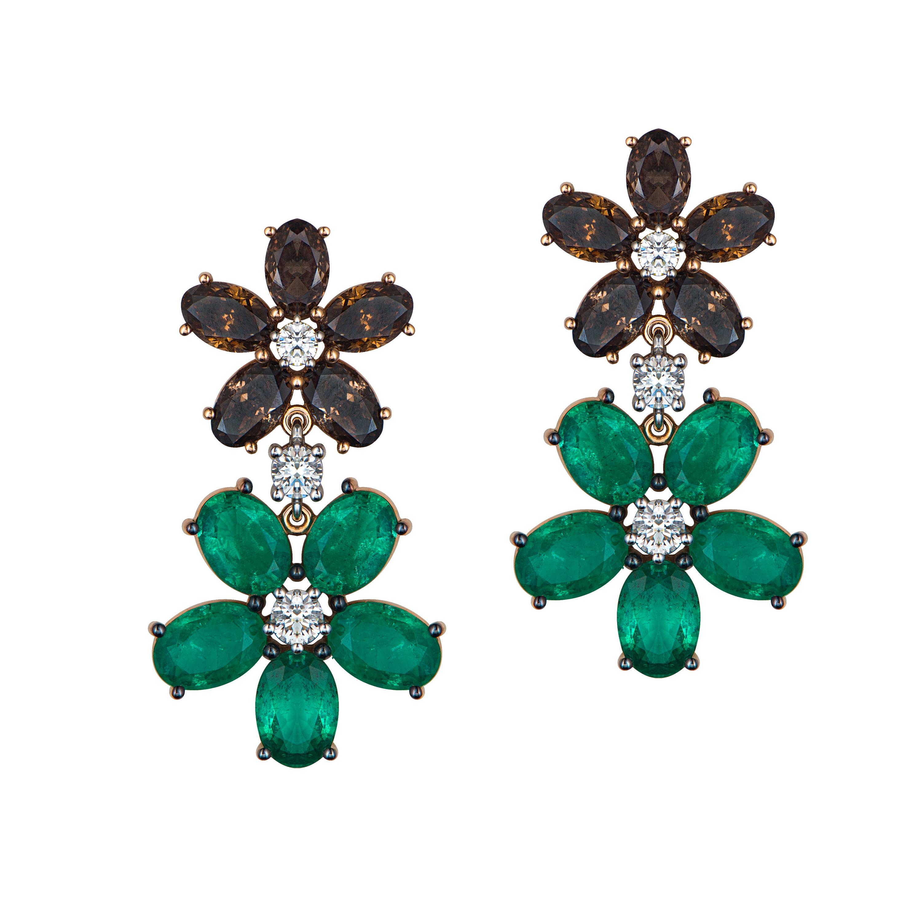 Brown Diamond and Emerald Blossom Drop Earrings For Sale
