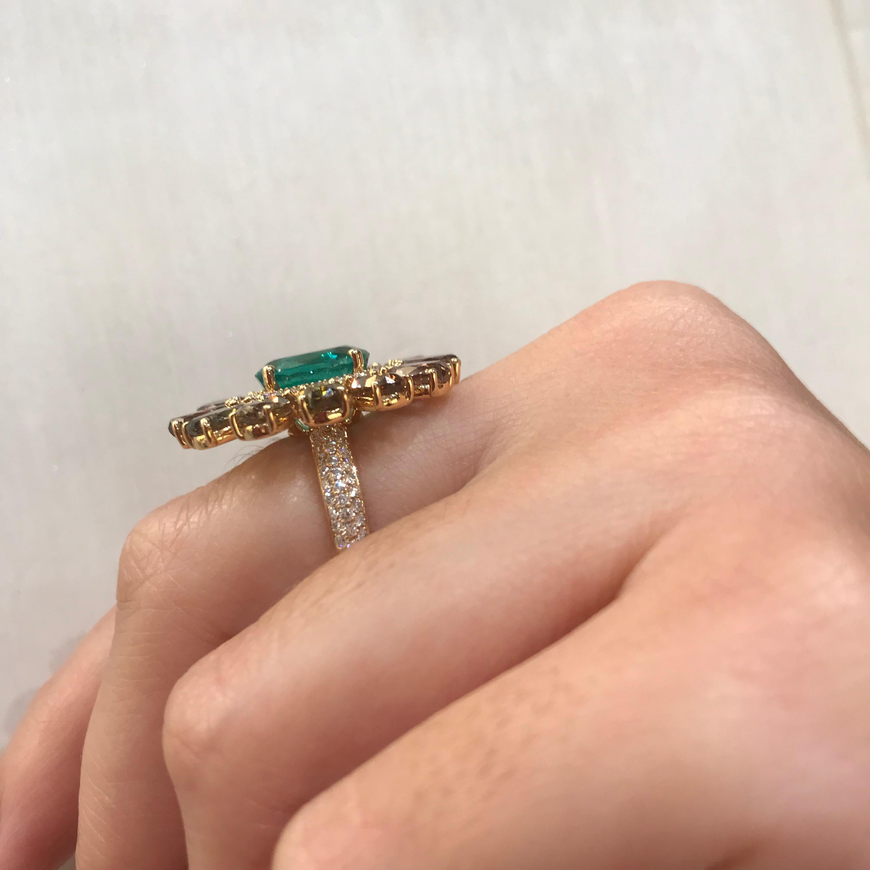 Oval Cut Brown Diamond and Emerald Cluster Cocktail Ring For Sale