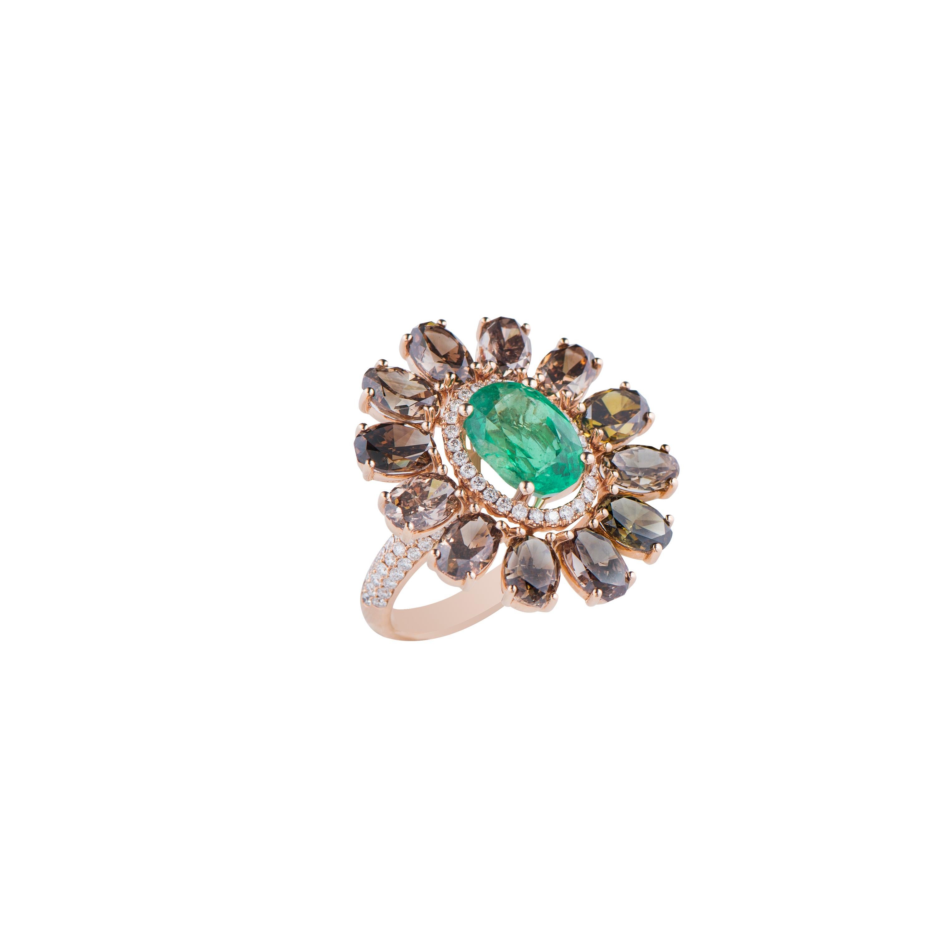 Brown Diamond and Emerald Cluster Cocktail Ring For Sale