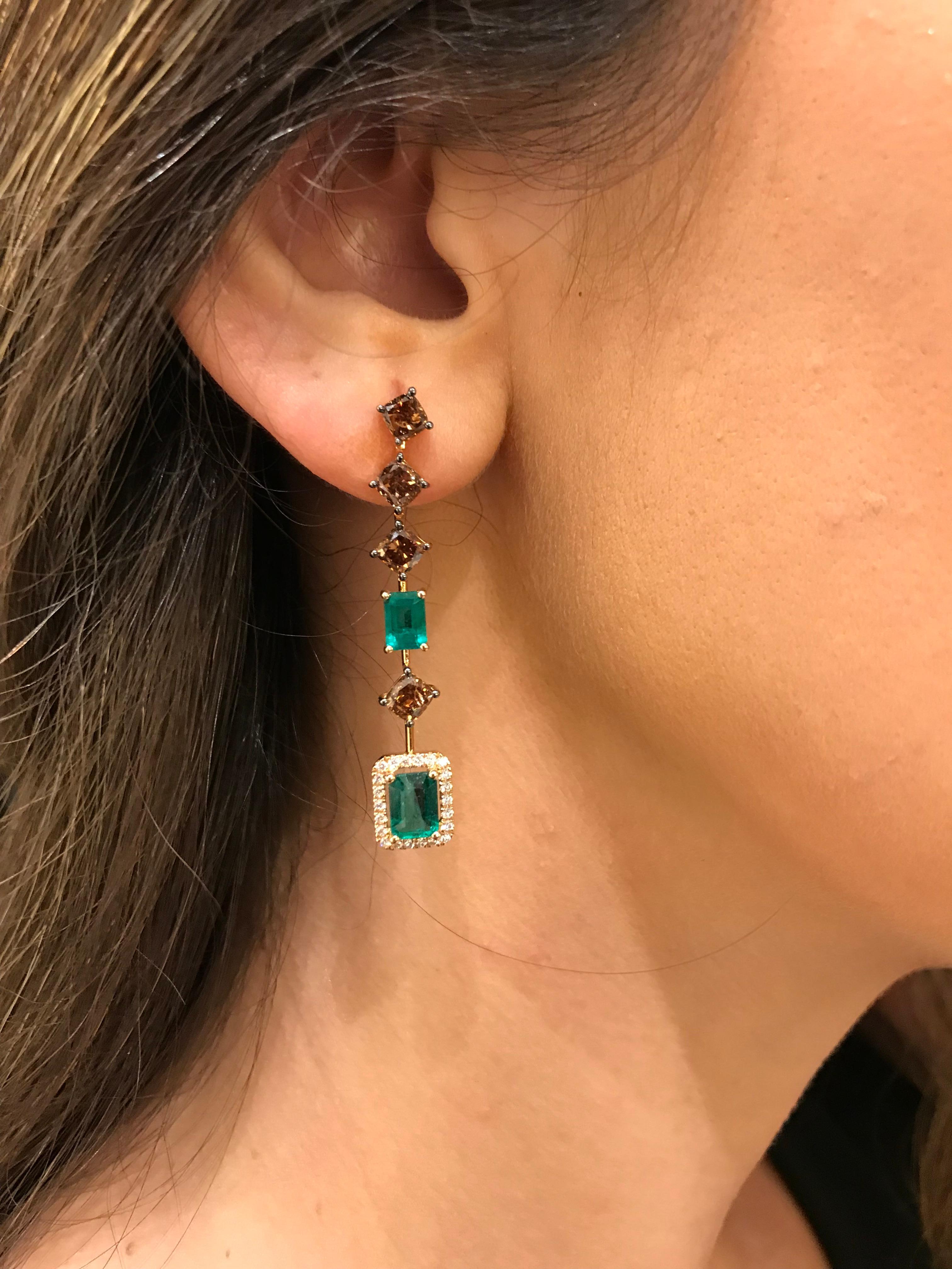 Contemporary Brown Diamond and Emerald Dangle Earrings For Sale