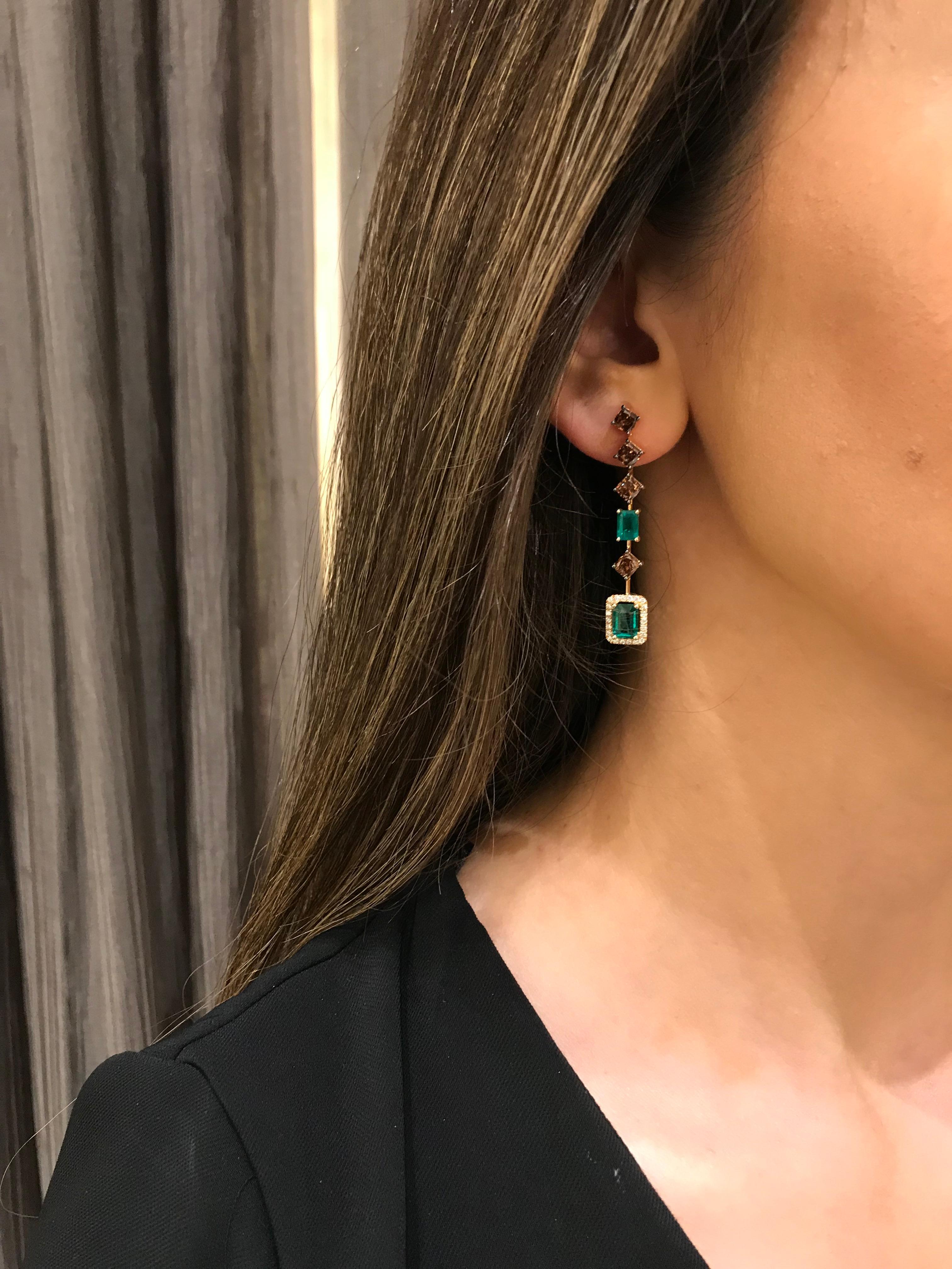 Emerald Cut Brown Diamond and Emerald Dangle Earrings For Sale