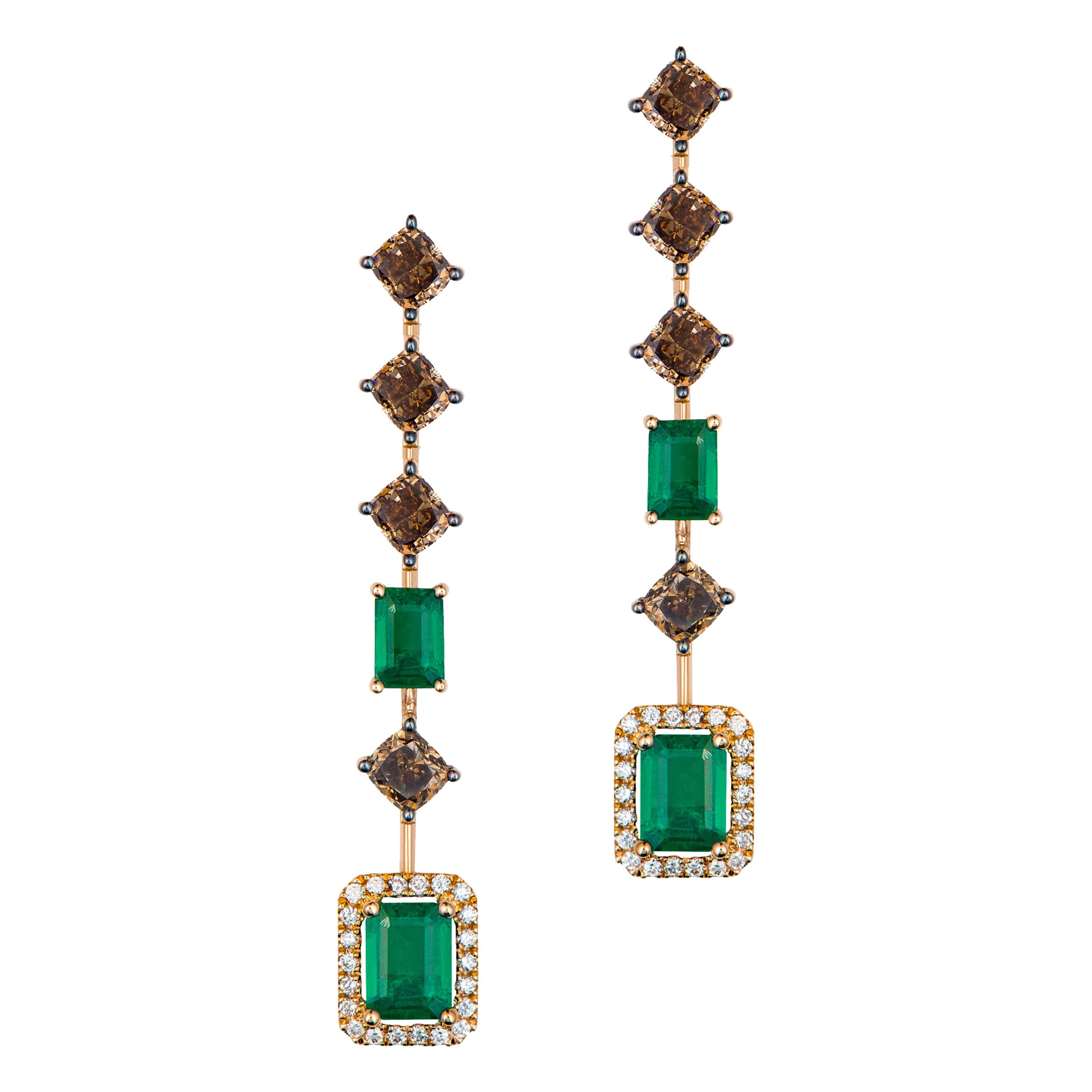 Brown Diamond and Emerald Dangle Earrings For Sale