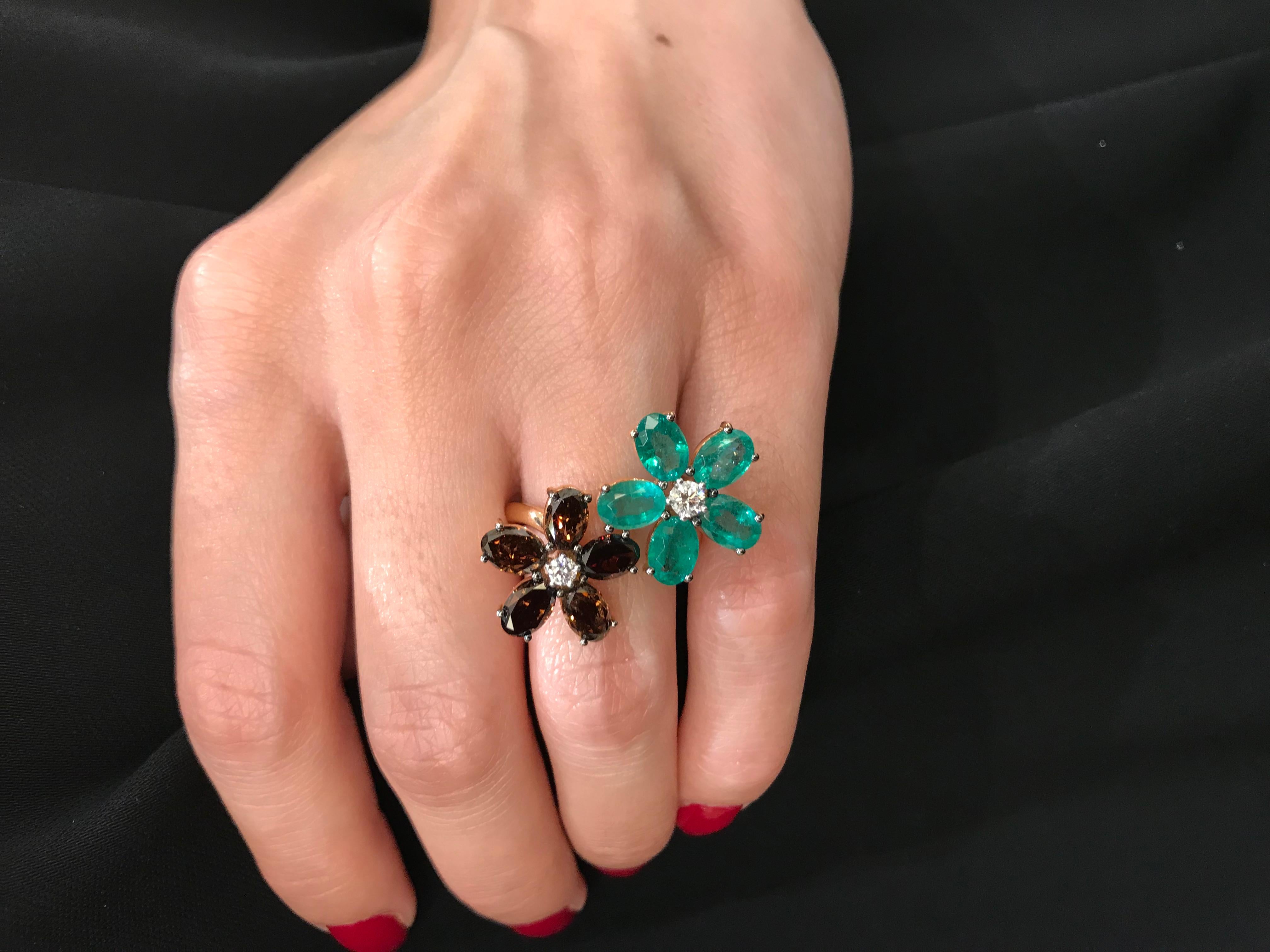 Contemporary Brown Diamond and Emerald Double Blossom Ring
