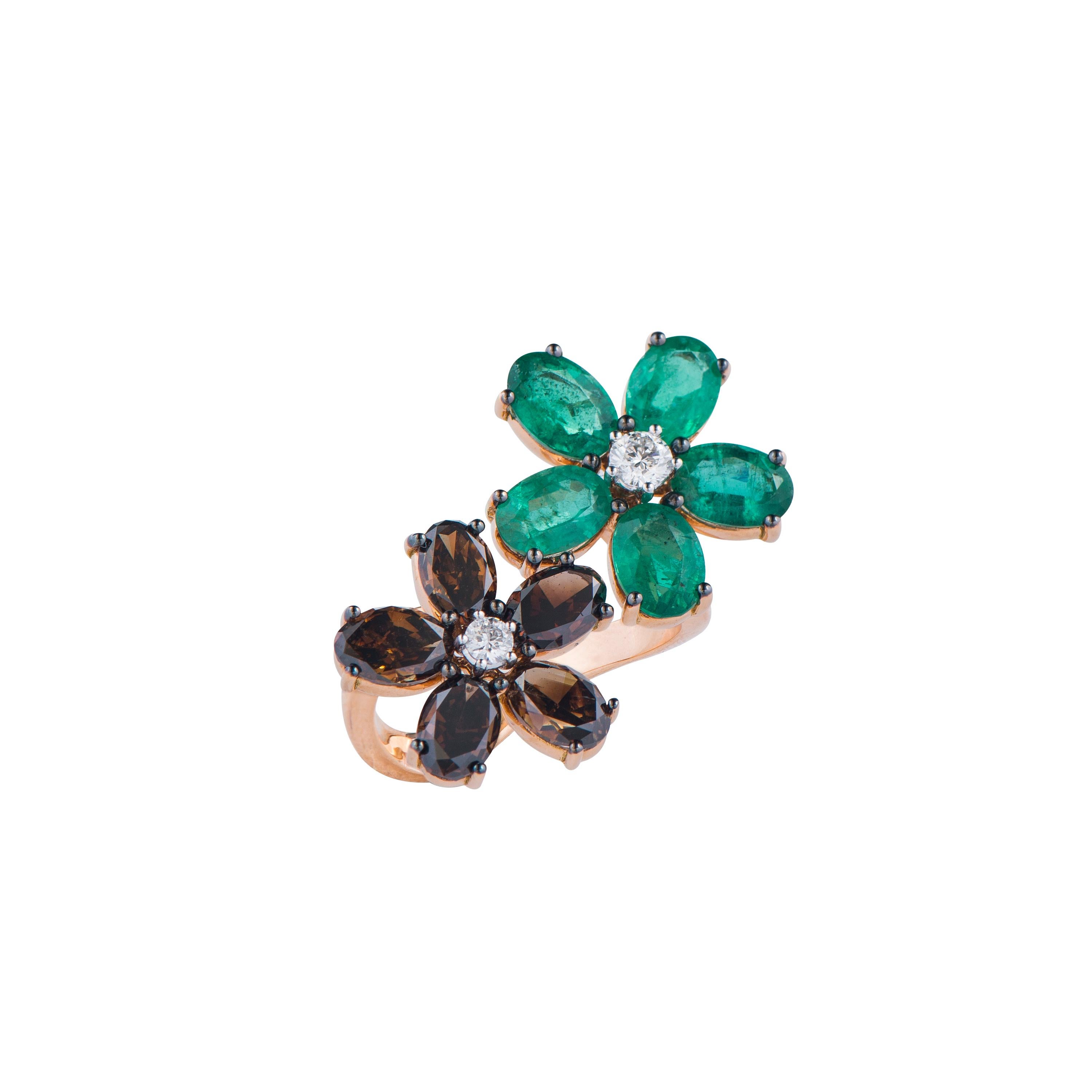 Brown Diamond and Emerald Double Blossom Ring