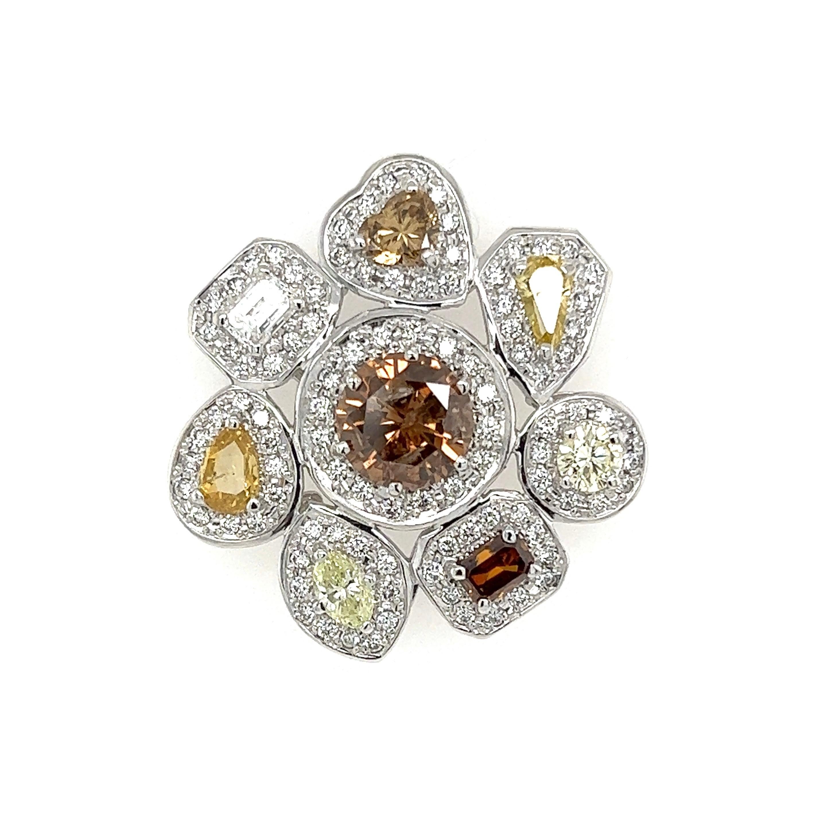 Simply Beautiful! Finely detailed High quality Fancy Color Diamond Cluster Platinum Brooch Pendant. Hand set with 1 Round Brown Diamond approx. 2.76 Carat, 7 Fancy shape Diamonds approx. 3.11tcw and numerous white round Brilliant Diamonds approx.