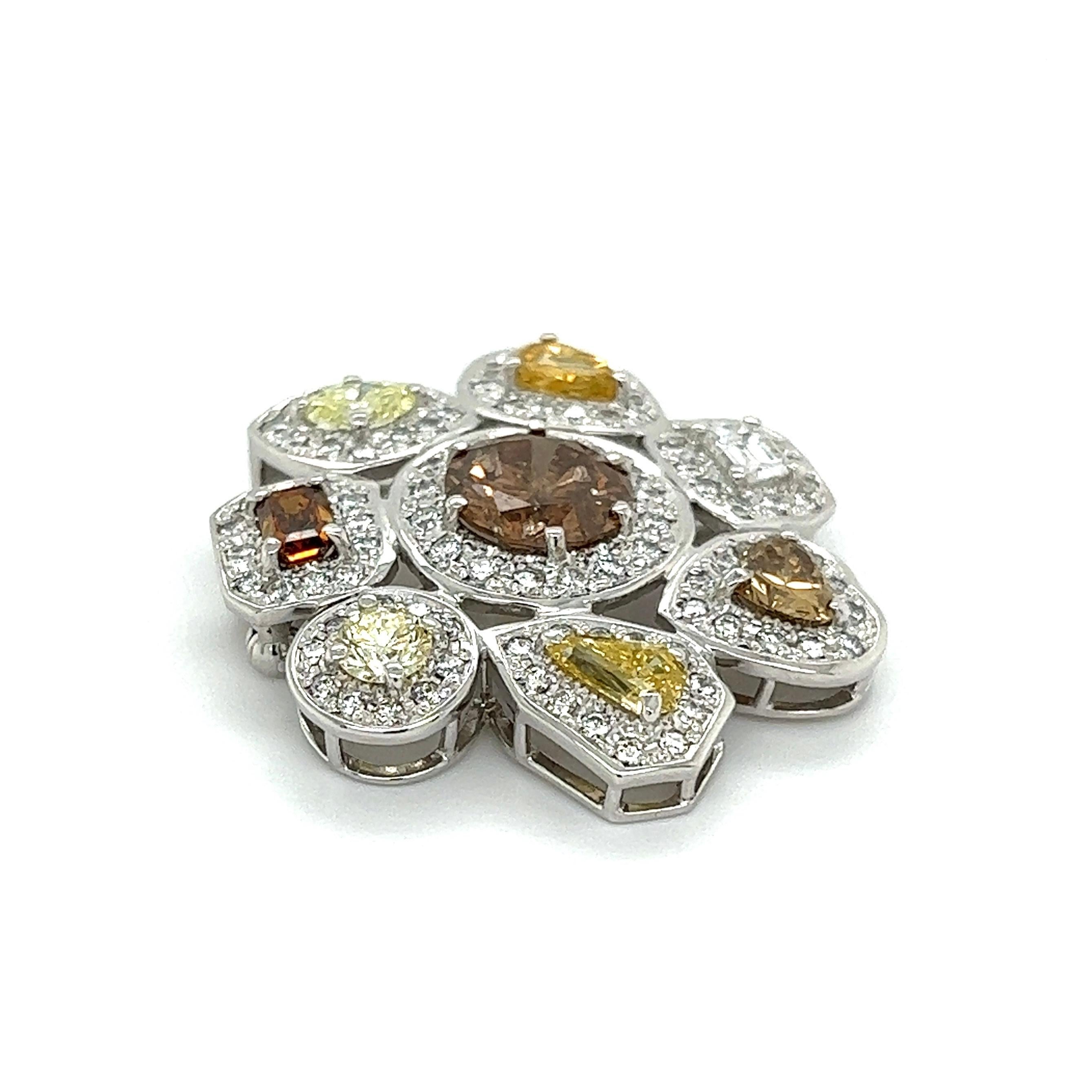 Modern Brown Diamond and Fancy Color Diamond Platinum Cluster Brooch Pin Pendant For Sale