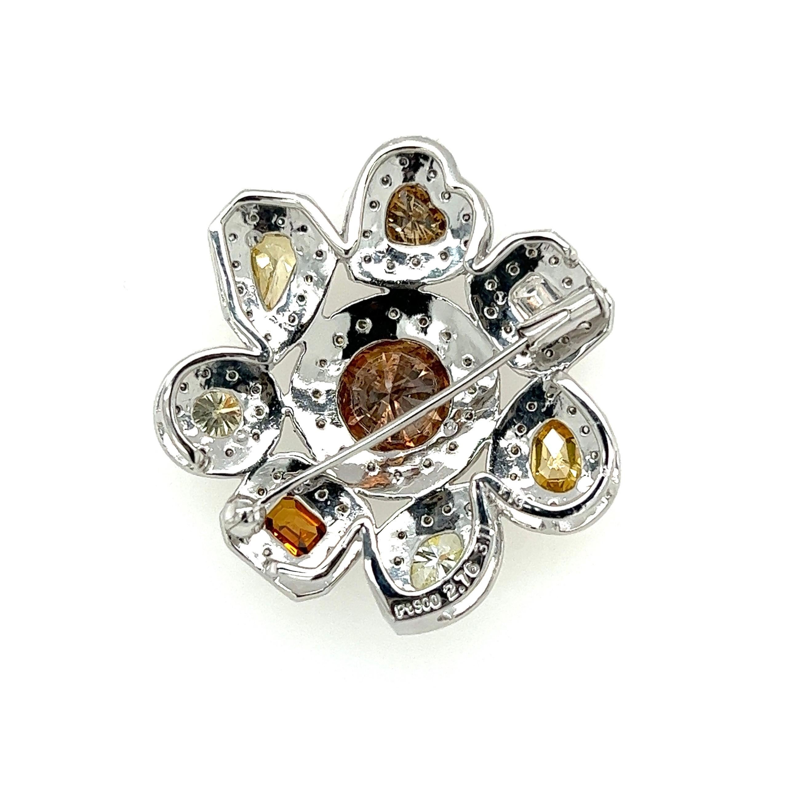 Mixed Cut Brown Diamond and Fancy Color Diamond Platinum Cluster Brooch Pin Pendant For Sale