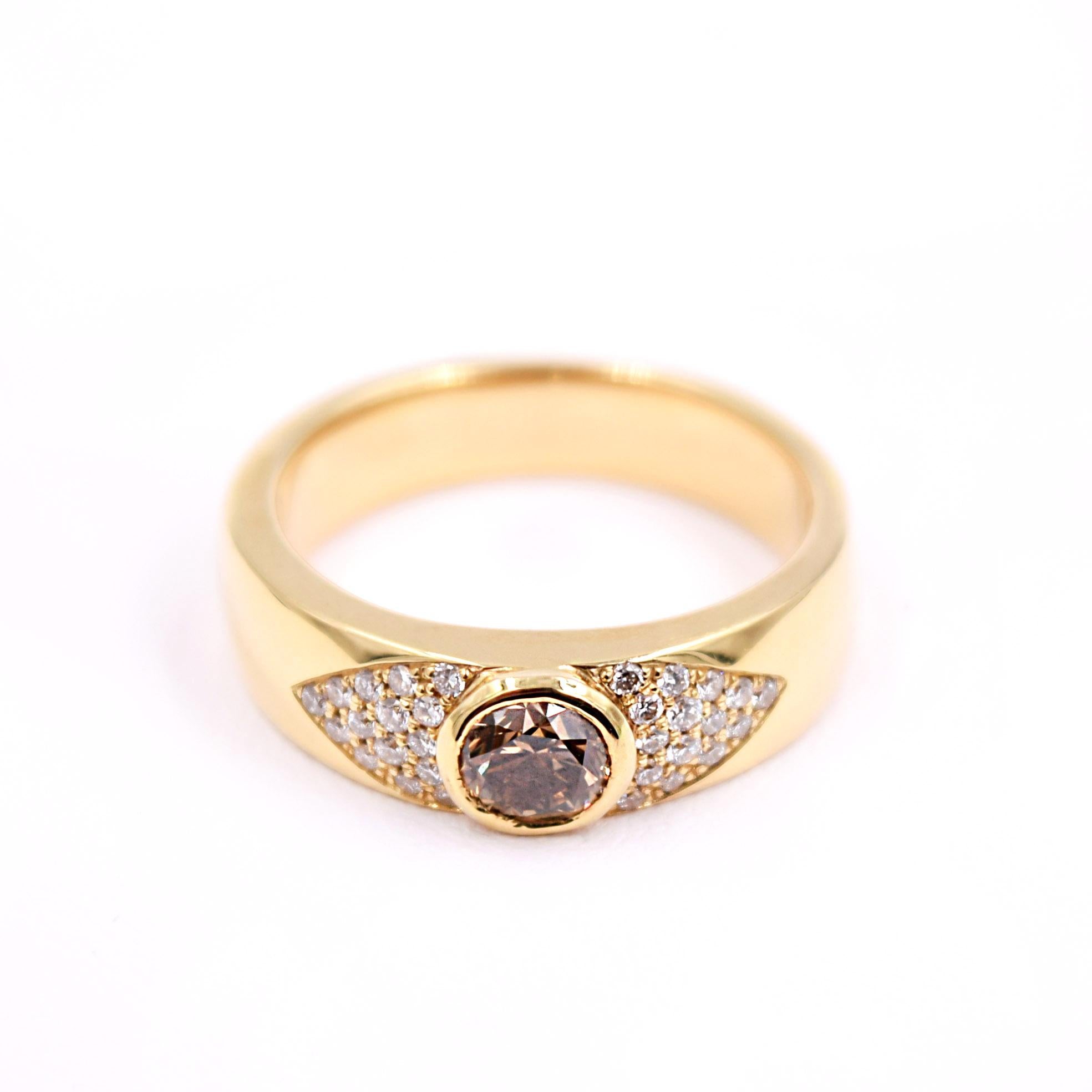 - Romantic inspired design
- Cognac colored brilliant cut Diamond .55cts
- Pave white Diamonds .22cts
- High Polished 18K Yellow Gold Finish
- Size 7
- This Ring can be sized