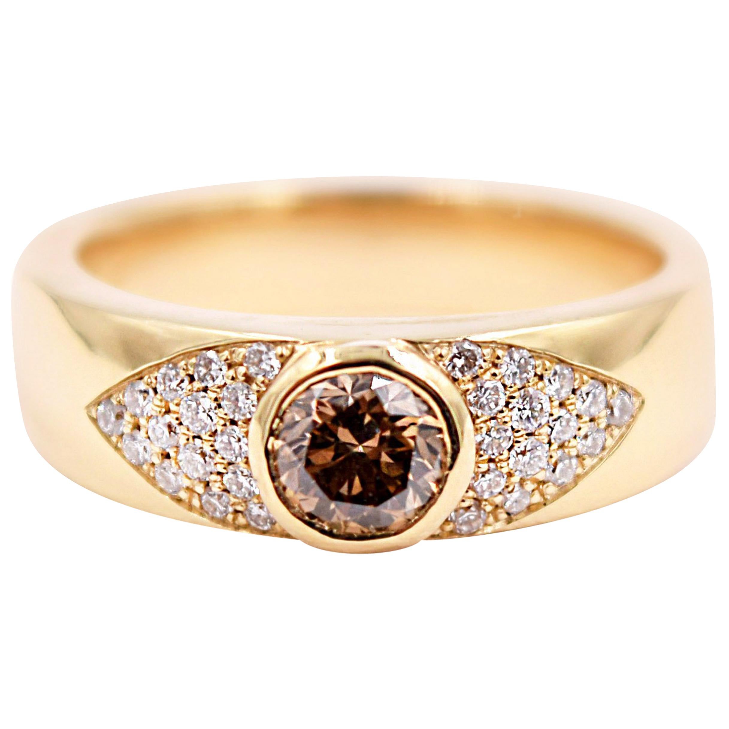 Brown Diamond and White Diamond Statement Ring in 18 Karat Yellow Gold For Sale