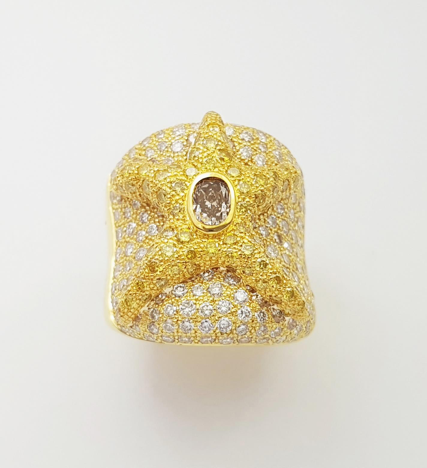 Bague étoile de mer en or 18 carats, diamant brun et diamant jaune en vente 5
