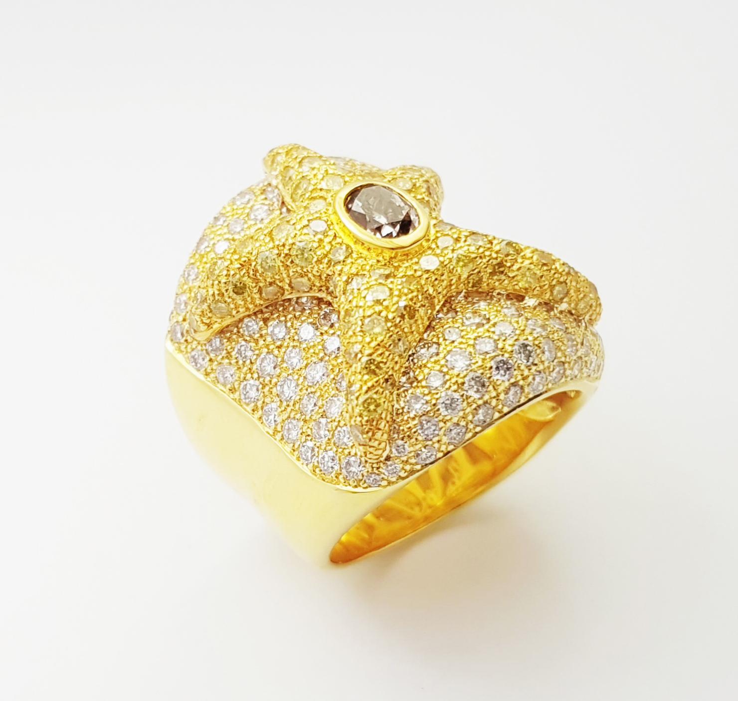 Bague étoile de mer en or 18 carats, diamant brun et diamant jaune en vente 7