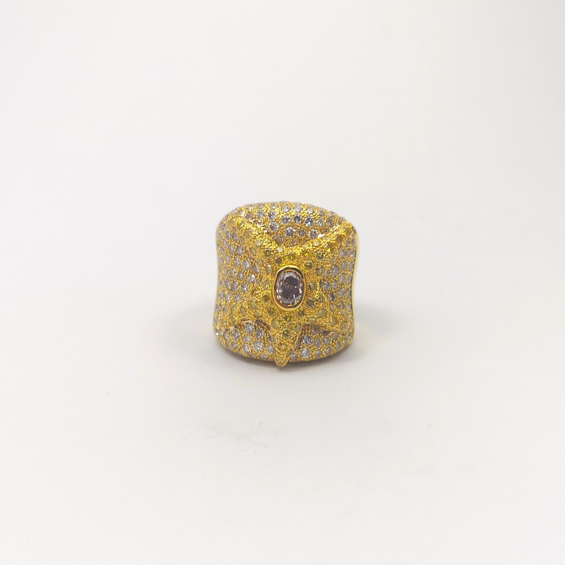 Bague étoile de mer en or 18 carats, diamant brun et diamant jaune en vente 2