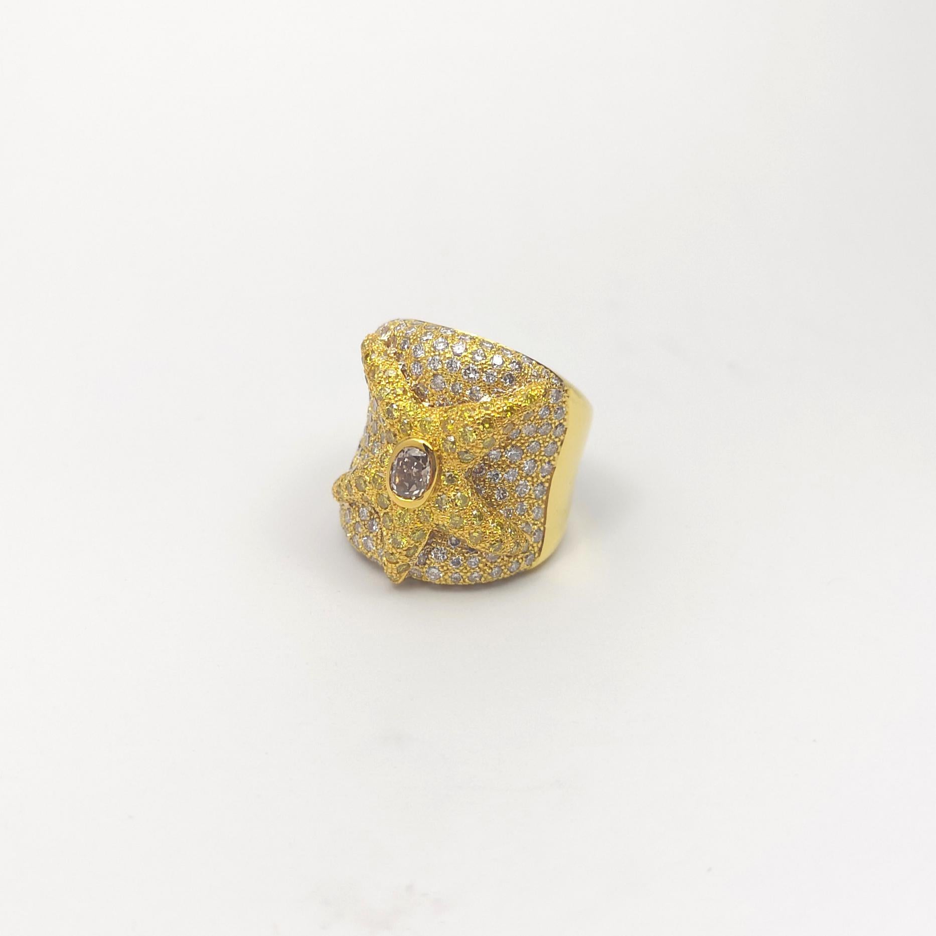 Bague étoile de mer en or 18 carats, diamant brun et diamant jaune en vente 3
