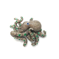 Brown Diamond, Cabochon Blue Sapphire and Emerald Octopus Brooch 18K White Gold