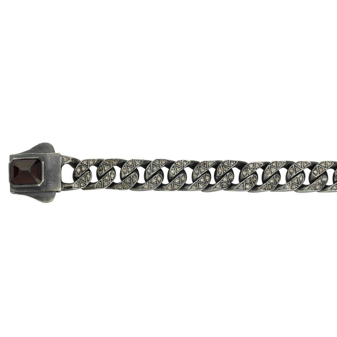 Round Cut Oxidised Silver Champagne Diamond and Garnet Chain  Bracelet For Sale