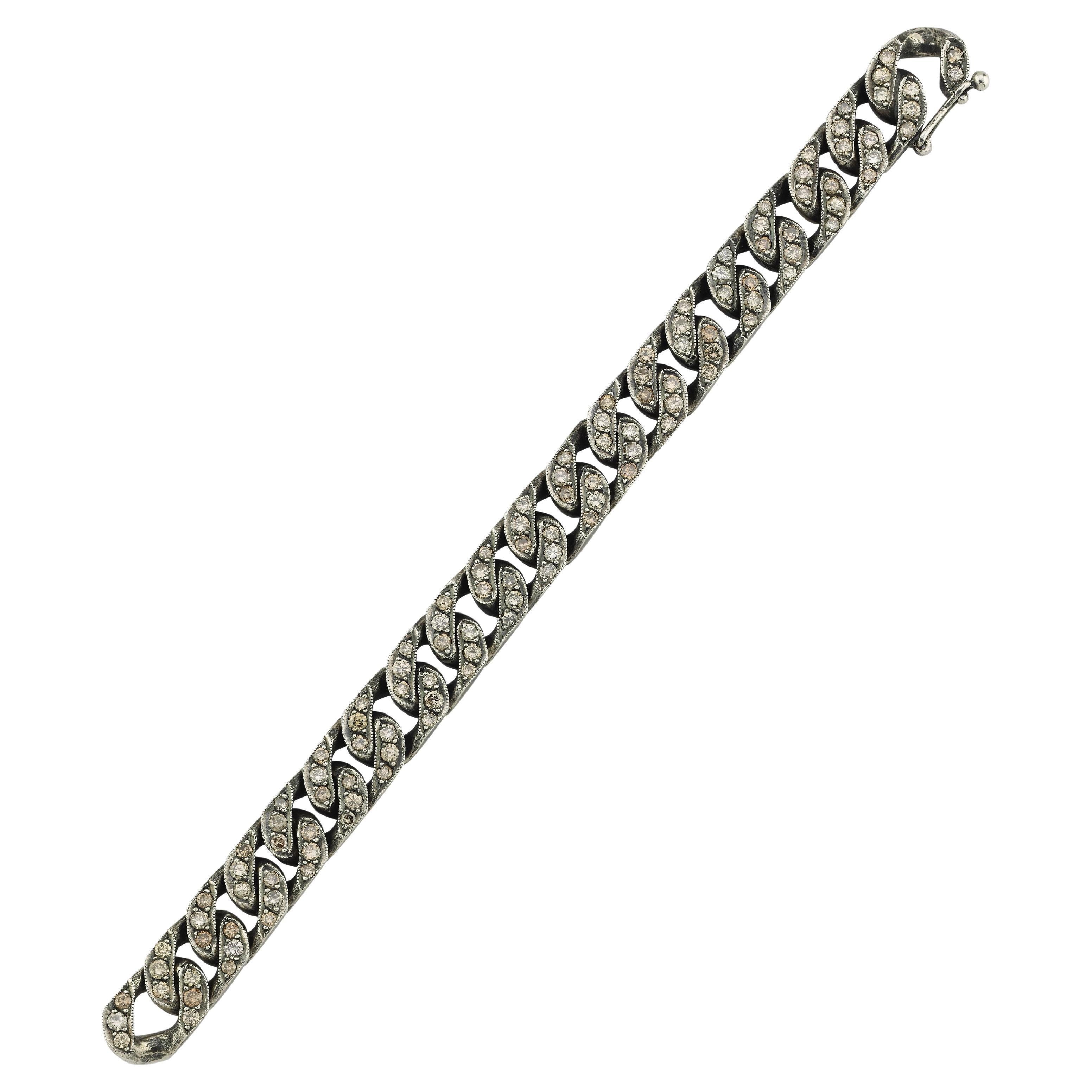 Oxidised Silver Champagne Diamond Chain Bracelet For Sale