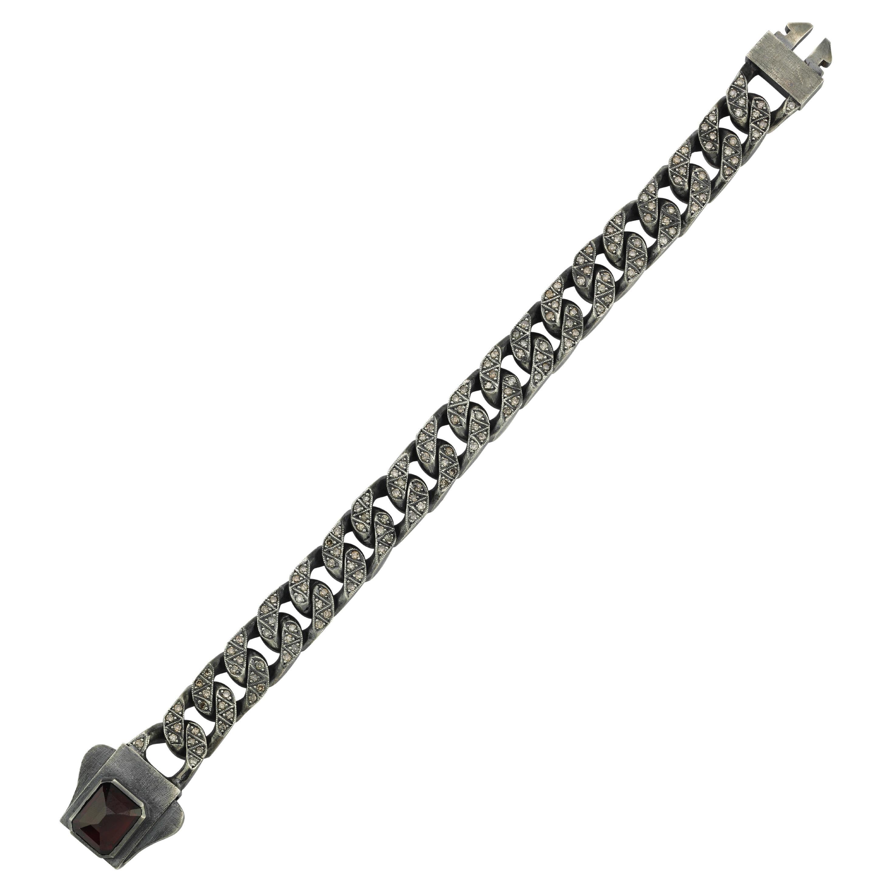 Oxidised Silver Champagne Diamond and Garnet Chain  Bracelet For Sale