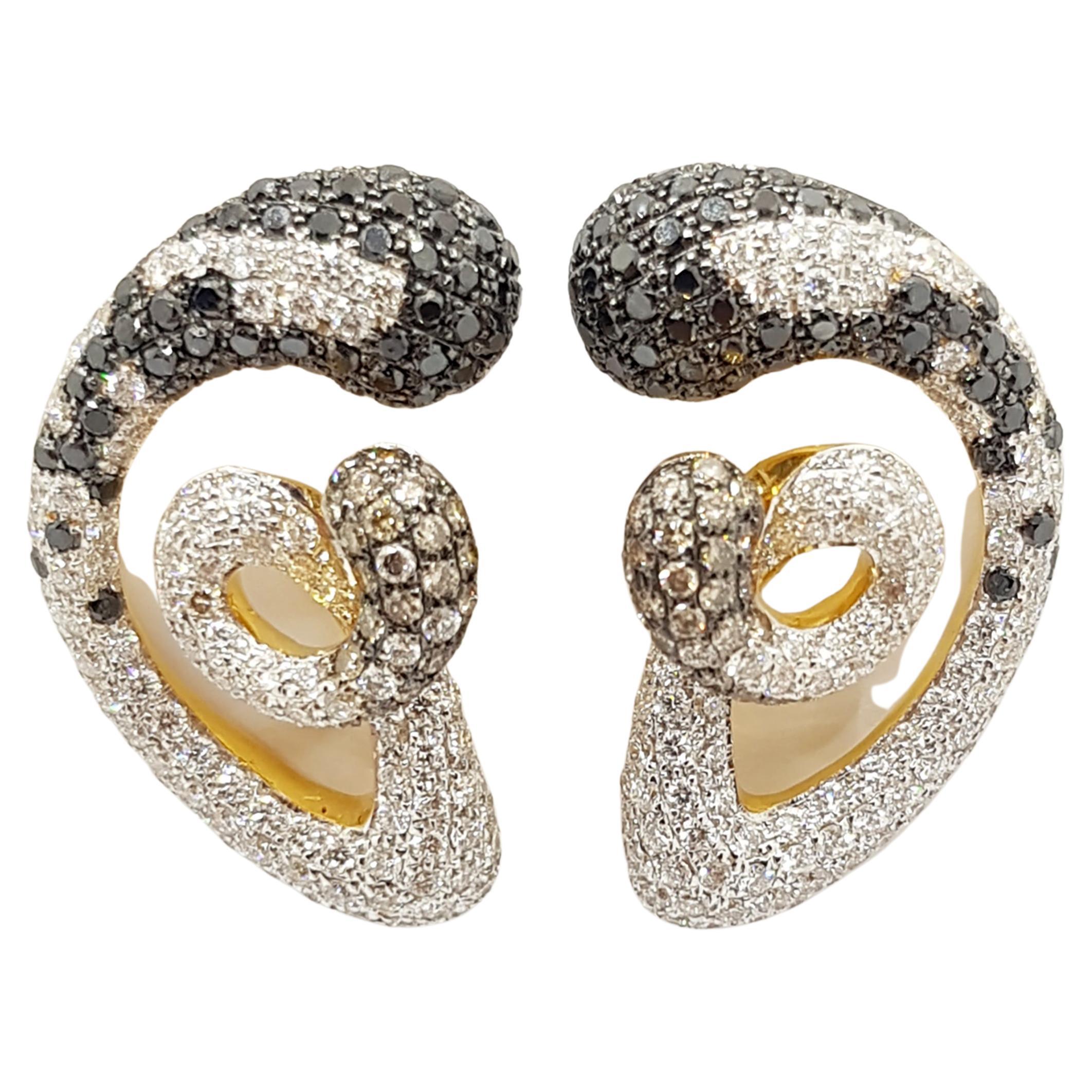 Brown Diamond 0.53 carat, Diamond 1.23 carats and Black Diamond 2.22 carats Earrings set in 18 Karat Gold Settings

Width:  1.7 cm 
Length:  3.0 cm
Total Weight: 15.07 grams

