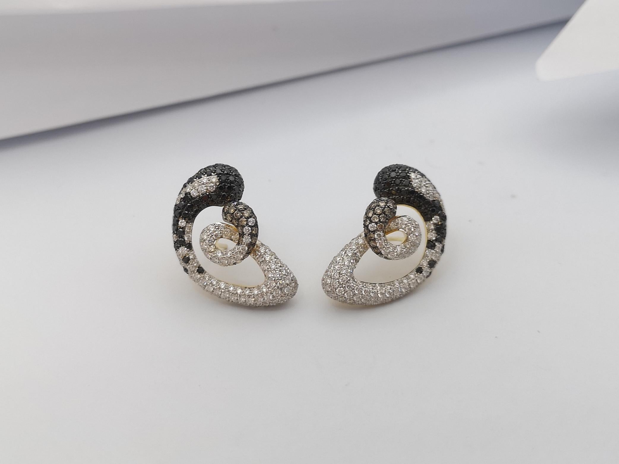 Women's Brown Diamond, Diamond and Black Diamond Earrings Set in 18 Karat Gold Settings For Sale