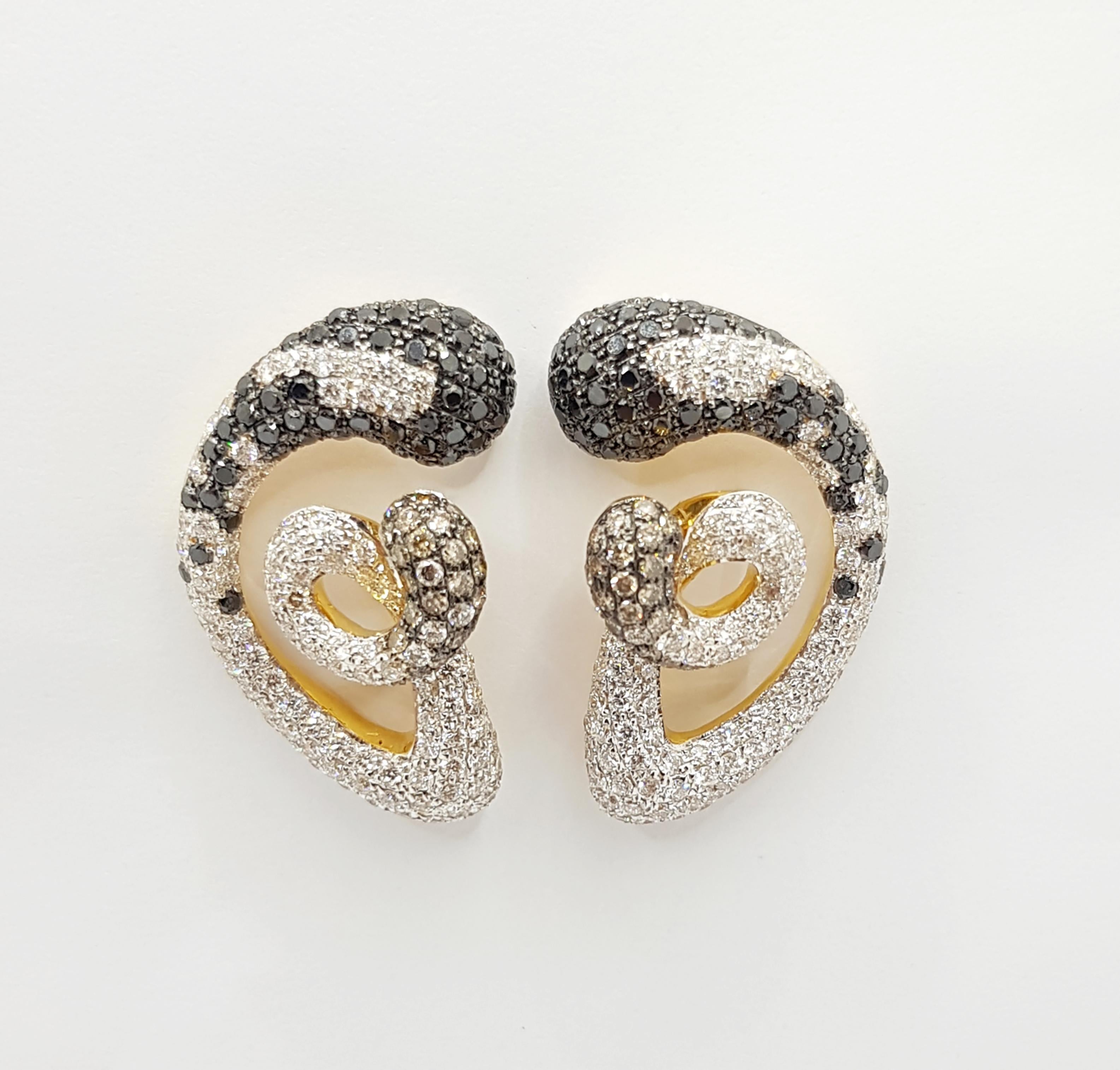 Brown Diamond, Diamond and Black Diamond Earrings Set in 18 Karat Gold Settings For Sale