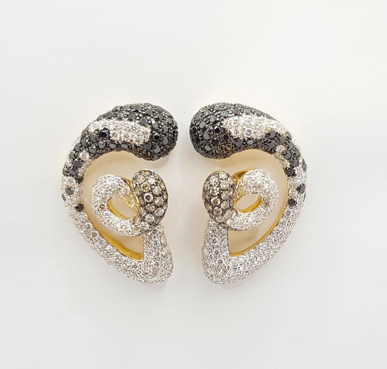 Brown Diamond, Diamond and Black Diamond Earrings Set in 18 Karat Gold