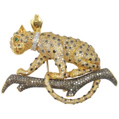 Brown Diamond, Diamond, Black Diamond Panther Brooch or Pendant in 18 Karat Gold