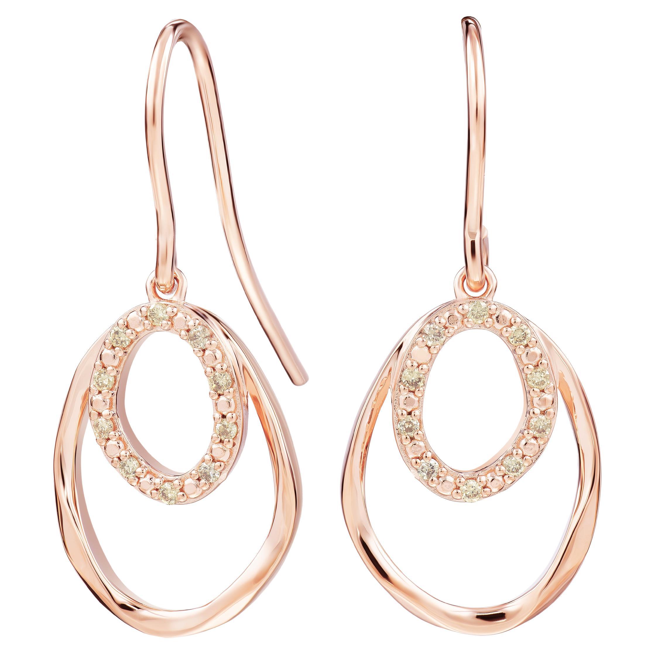 Brown Diamond Double Circle Rose Gold Sterling Silver Dangle Earring