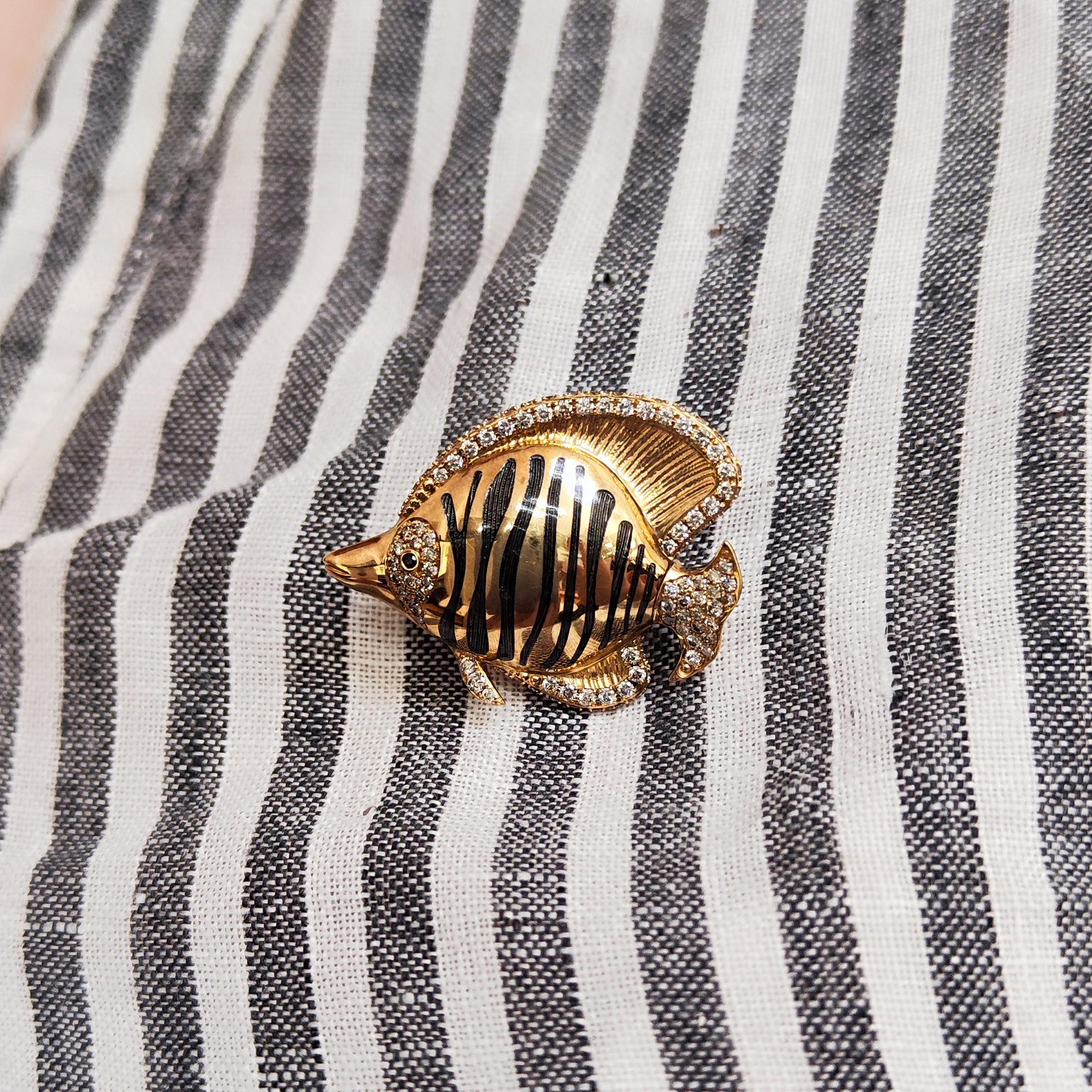 Contemporary Brown Diamond Enamel 18 Karat Yellow Gold Angel Fish Brooch