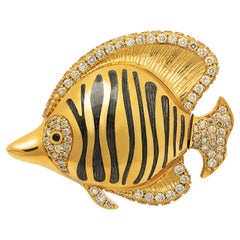 Brown Diamond Enamel 18 Karat Yellow Gold Angel Fish Brooch