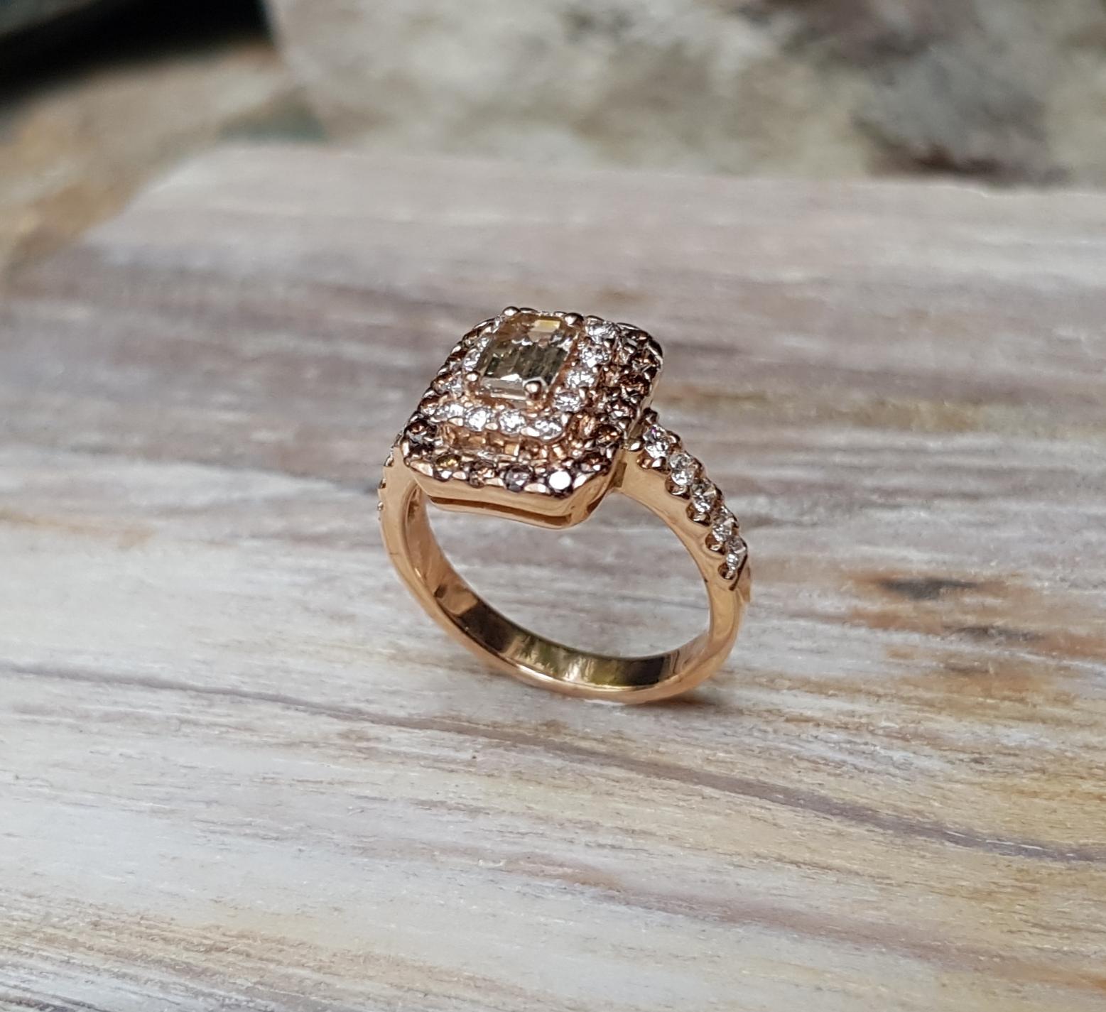 Emerald Cut Brown Diamond Engagement Ring Set in 18 Karat Rose Gold Settings For Sale