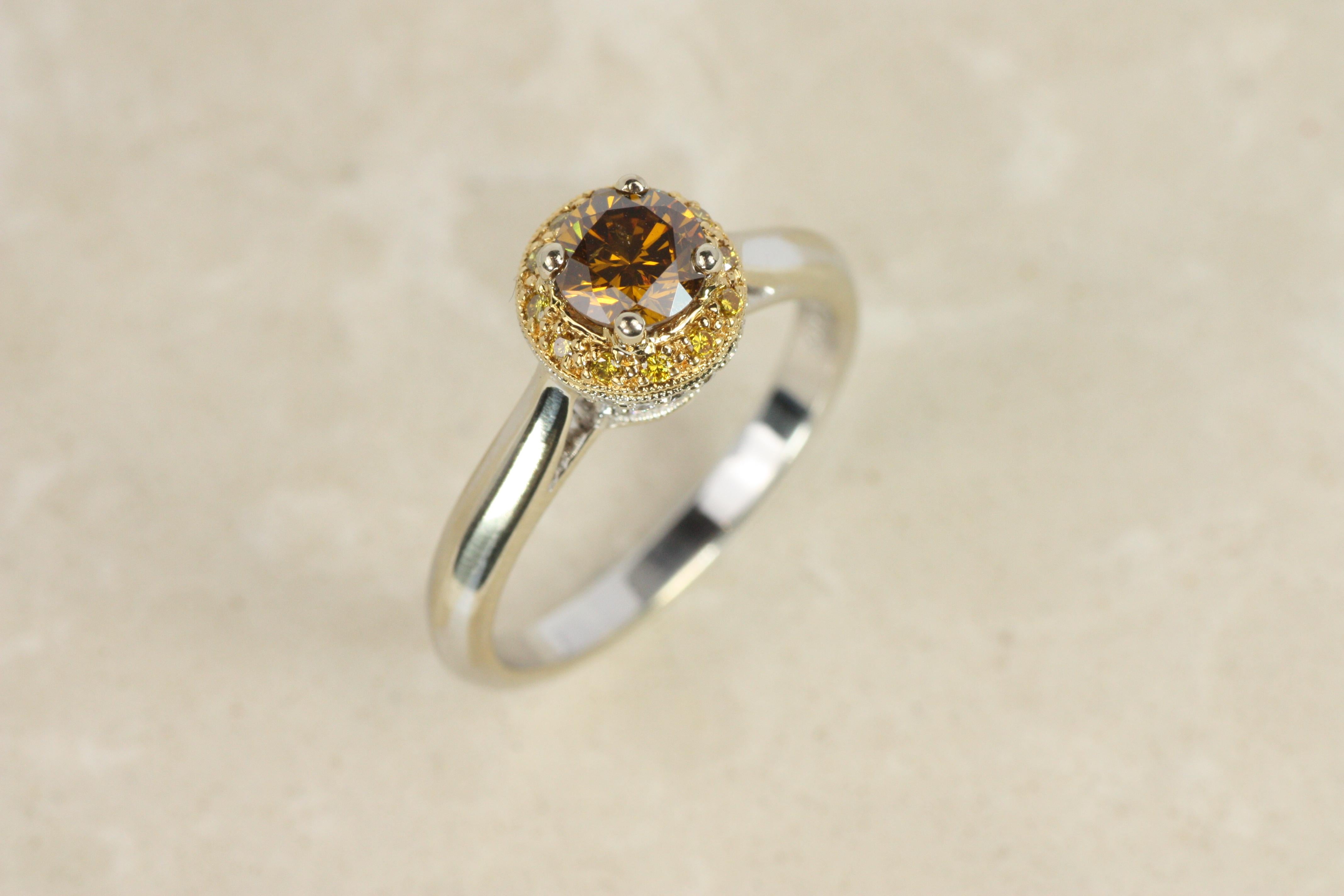 Round Cut Brown Diamond Engagement Ring, Yellow & White Halo – 18K Gold, Platinum Two-Tone For Sale
