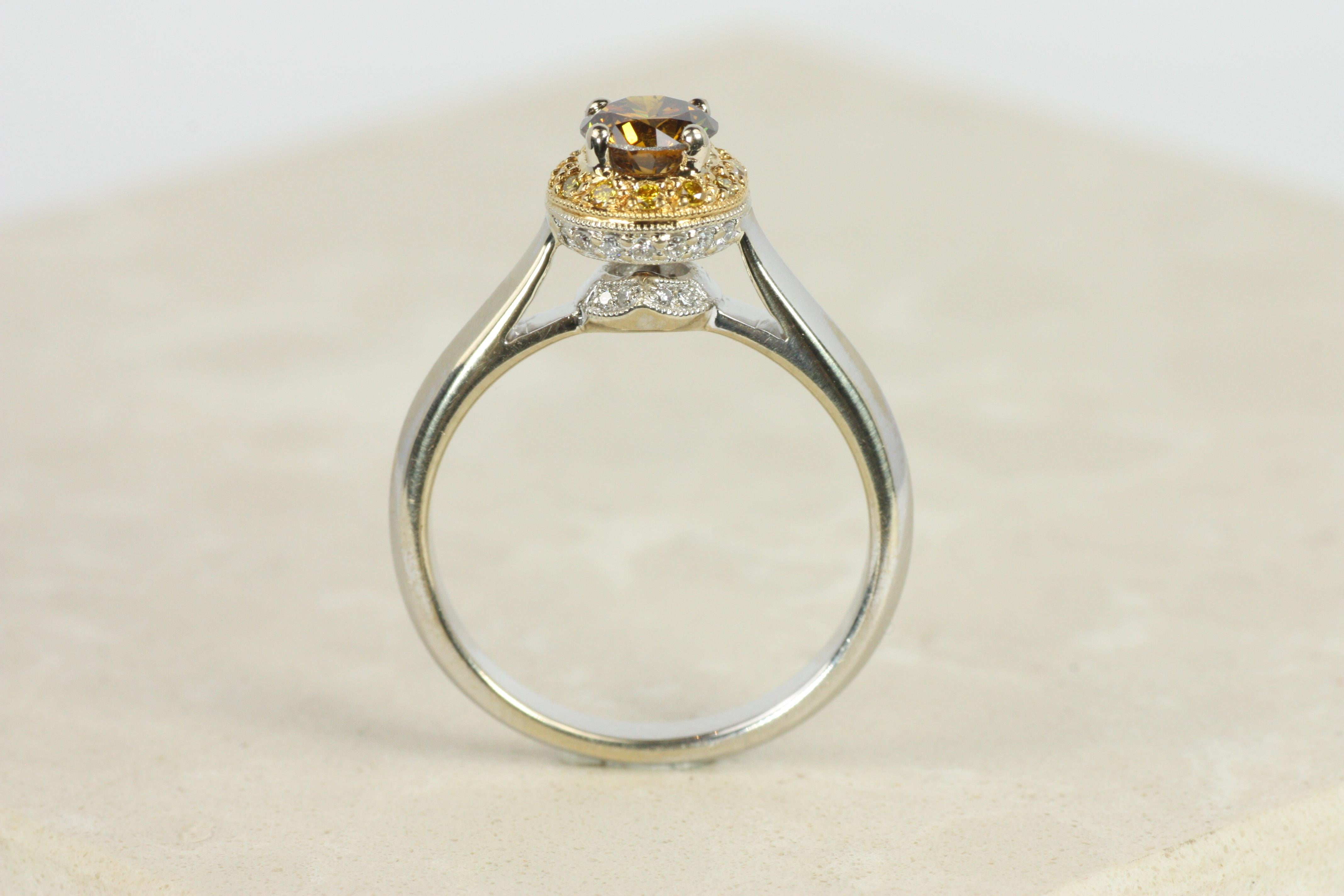 Brown Diamond Engagement Ring, Yellow & White Halo – 18K Gold, Platinum Two-Tone In Good Condition For Sale In Santa Monica, CA