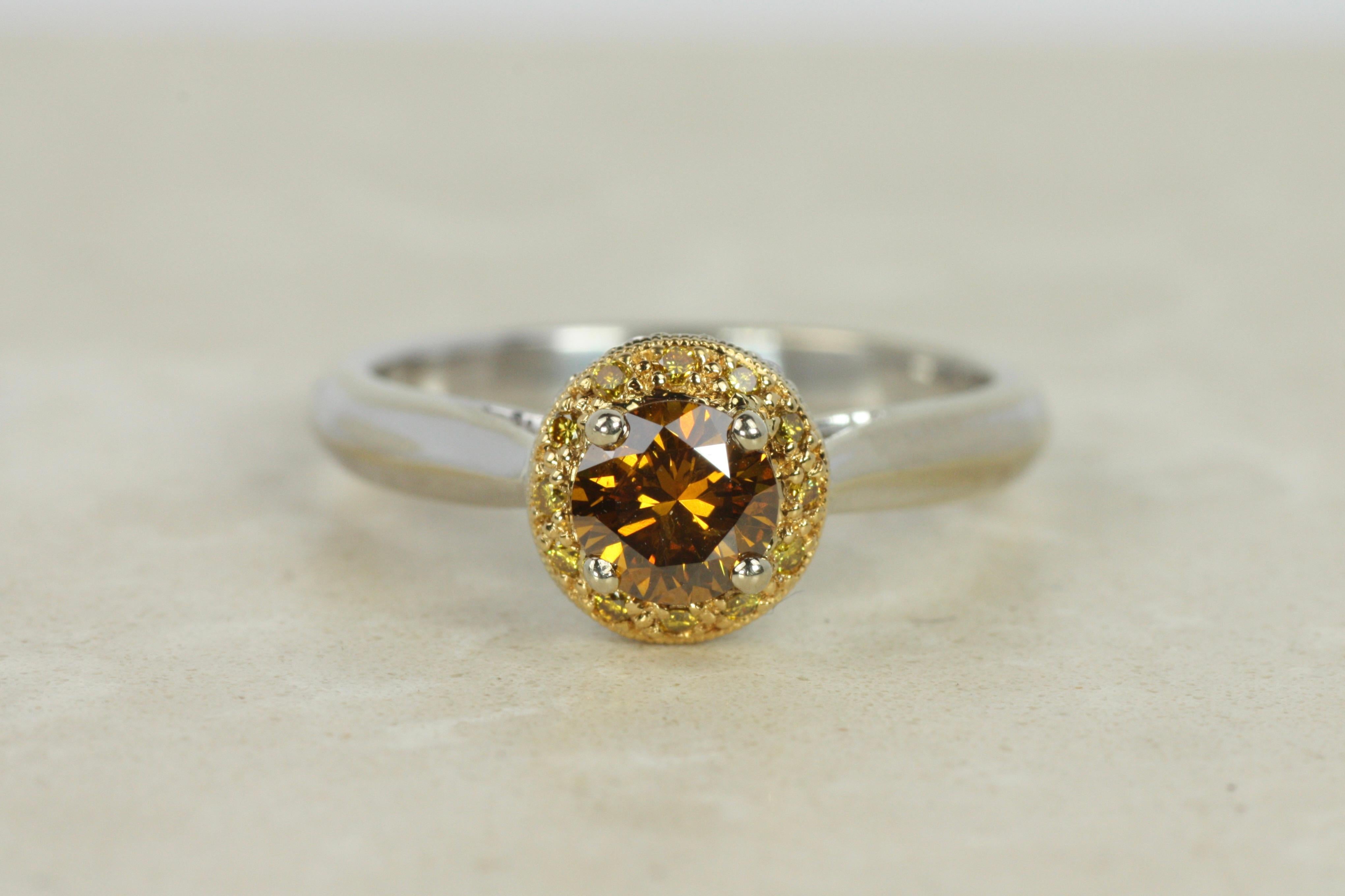 Women's Brown Diamond Engagement Ring, Yellow & White Halo – 18K Gold, Platinum Two-Tone For Sale