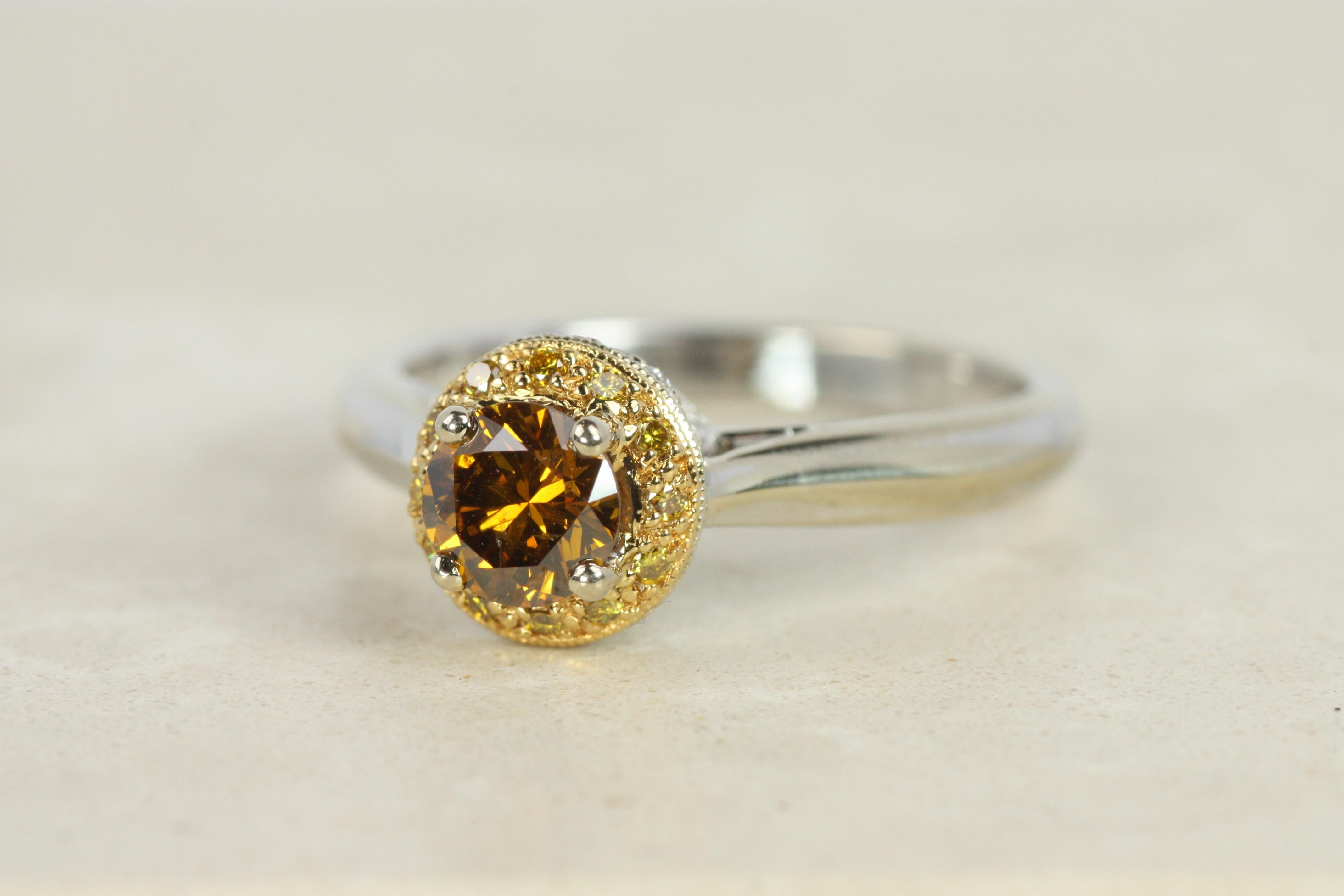Brown Diamond Engagement Ring, Yellow & White Halo – 18K Gold, Platinum Two-Tone For Sale 1
